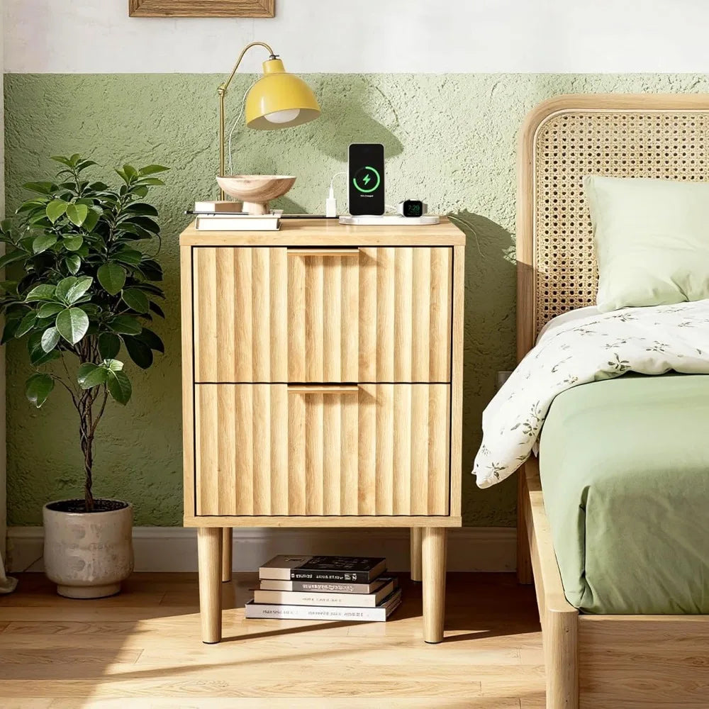 Round Edged Nightstand with Charging Station & Led Light,