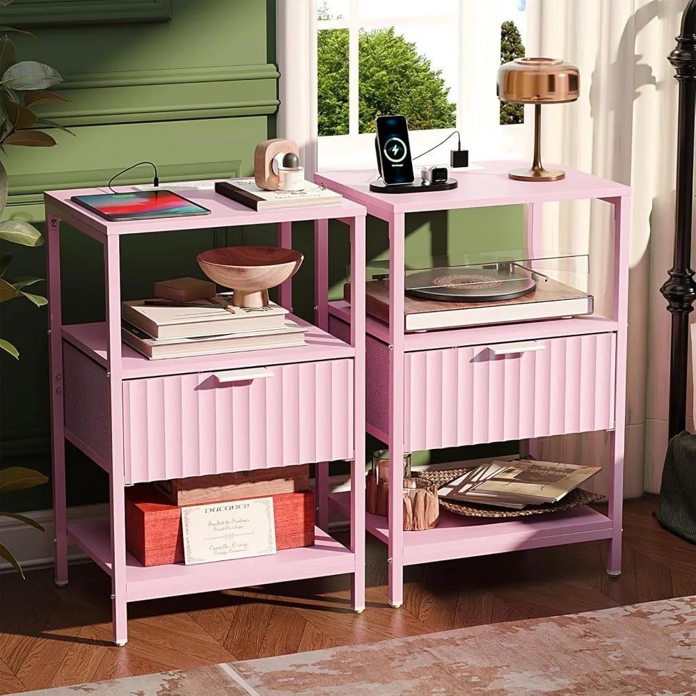 Round Edged Nightstand with Charging Station & Led Light,