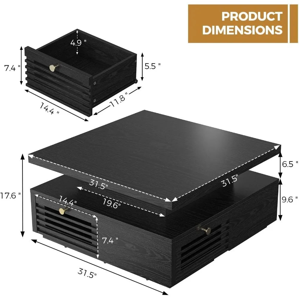 Coffee Table with LED Light and Charging Station, 4 Storage Drawers with Grille Design, Square Coffee Table