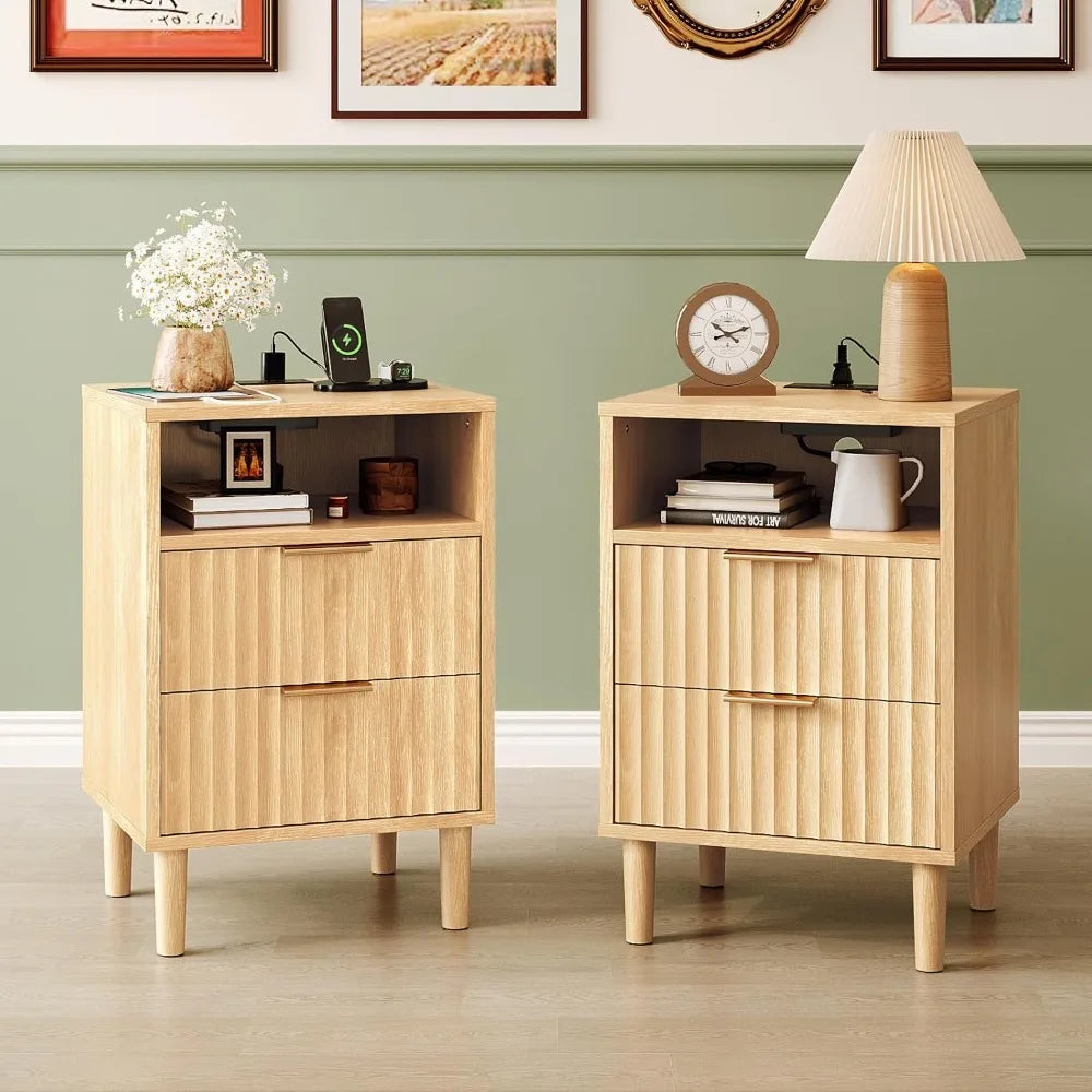 Round Edged Nightstand with Charging Station & Led Light,