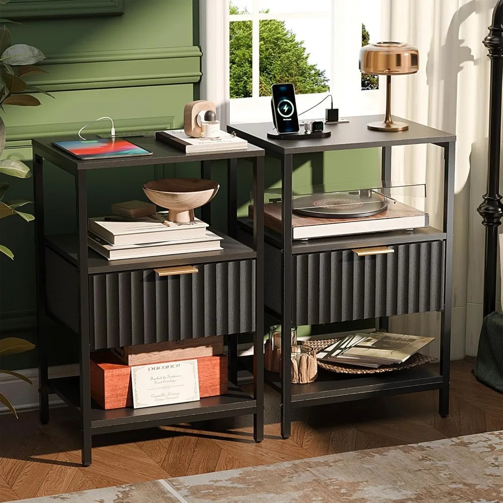 Round Edged Nightstand with Charging Station & Led Light,