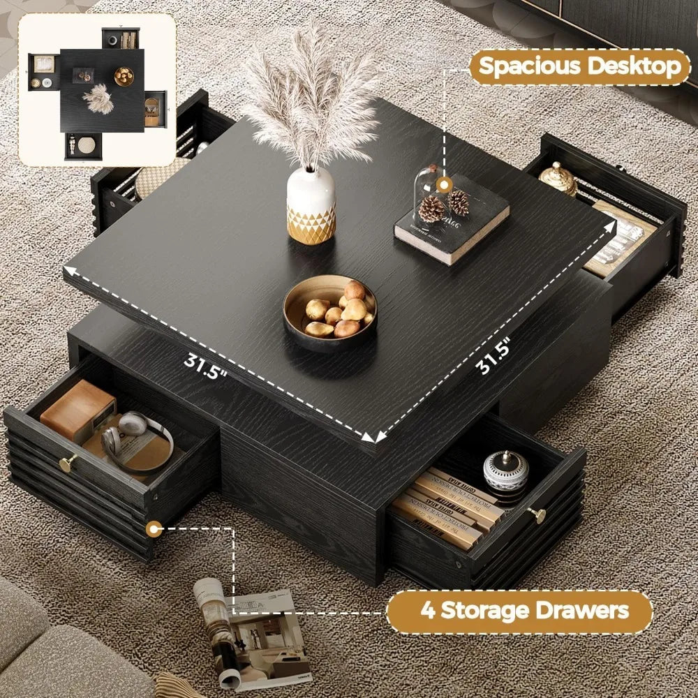 Coffee Table with LED Light and Charging Station, 4 Storage Drawers with Grille Design, Square Coffee Table