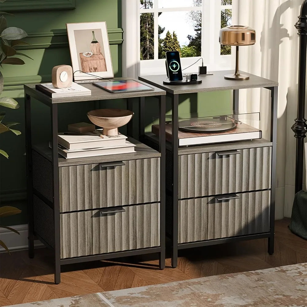 Round Edged Nightstand with Charging Station & Led Light,