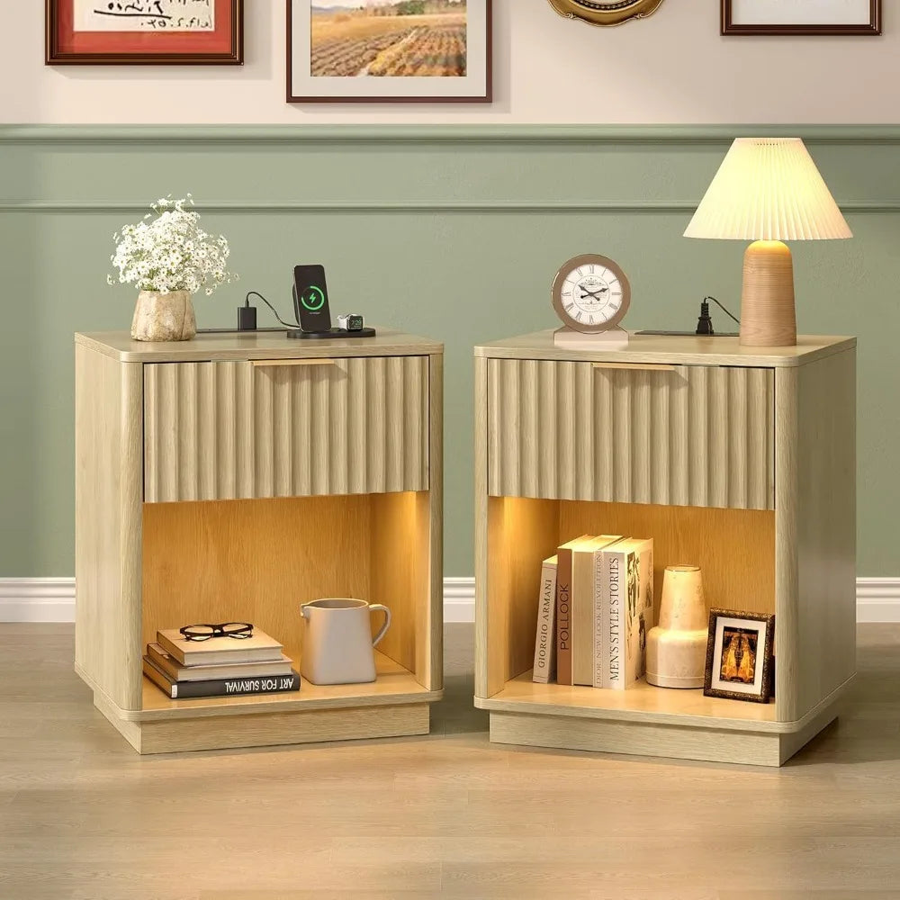 Round Edged Nightstand with Charging Station & Led Light,