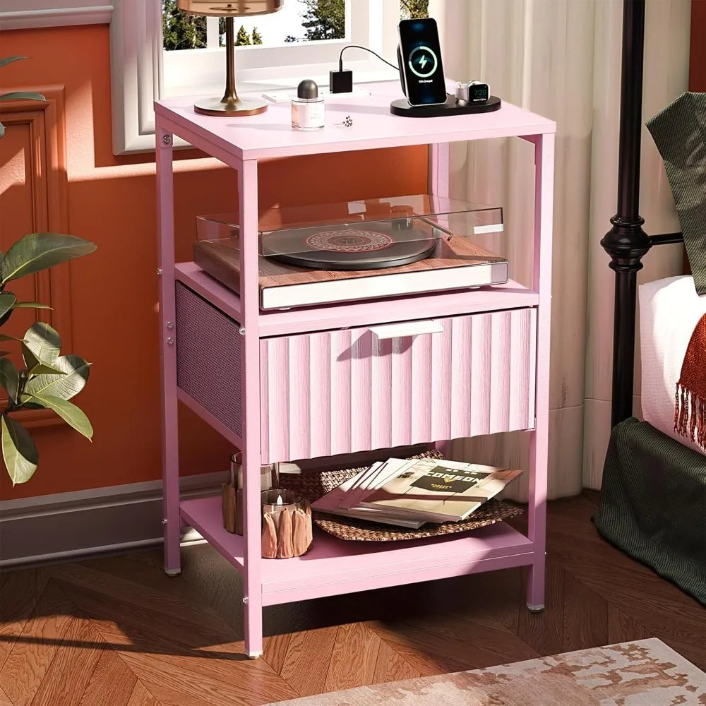 Round Edged Nightstand with Charging Station & Led Light,