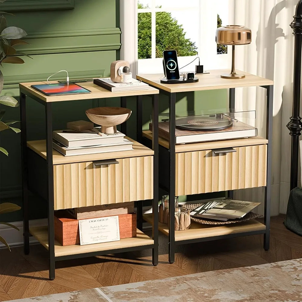 Round Edged Nightstand with Charging Station & Led Light,
