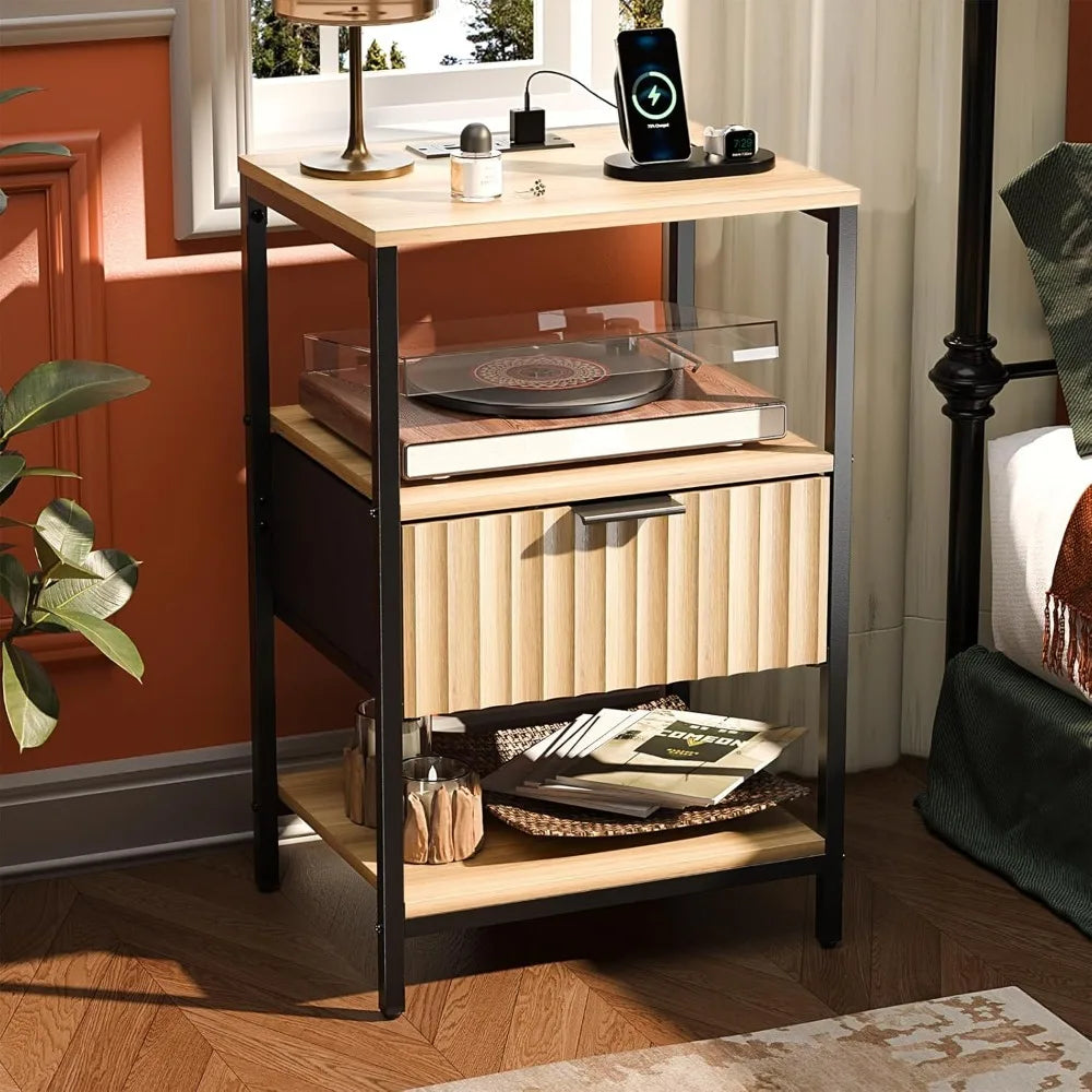 Round Edged Nightstand with Charging Station & Led Light,