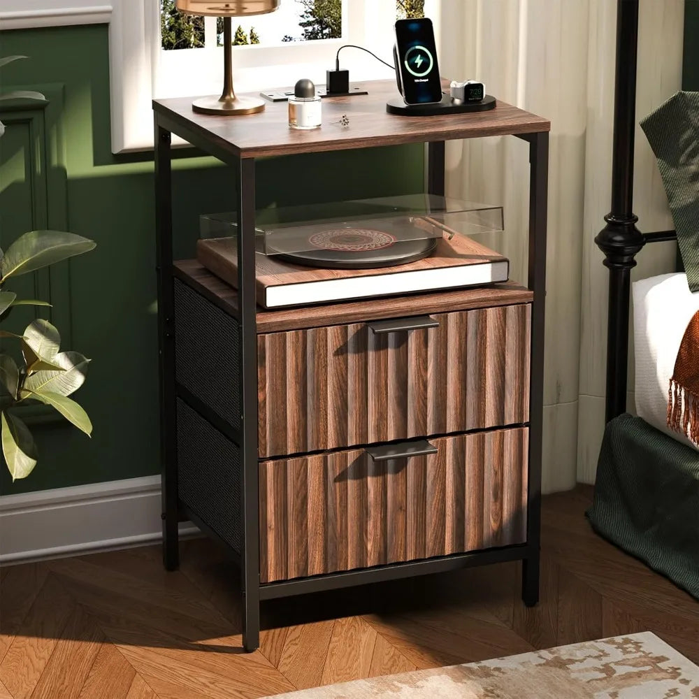 Round Edged Nightstand with Charging Station & Led Light,