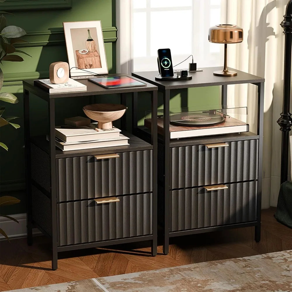 Round Edged Nightstand with Charging Station & Led Light,