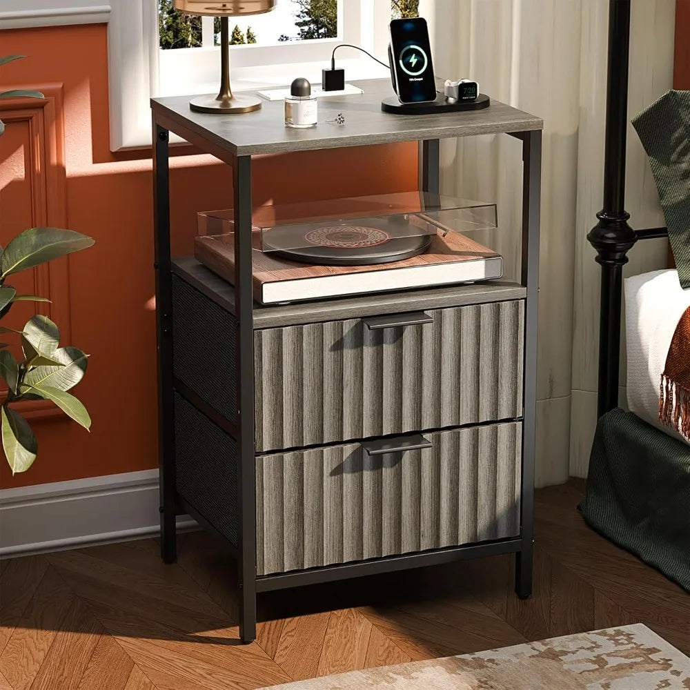 Round Edged Nightstand with Charging Station & Led Light,
