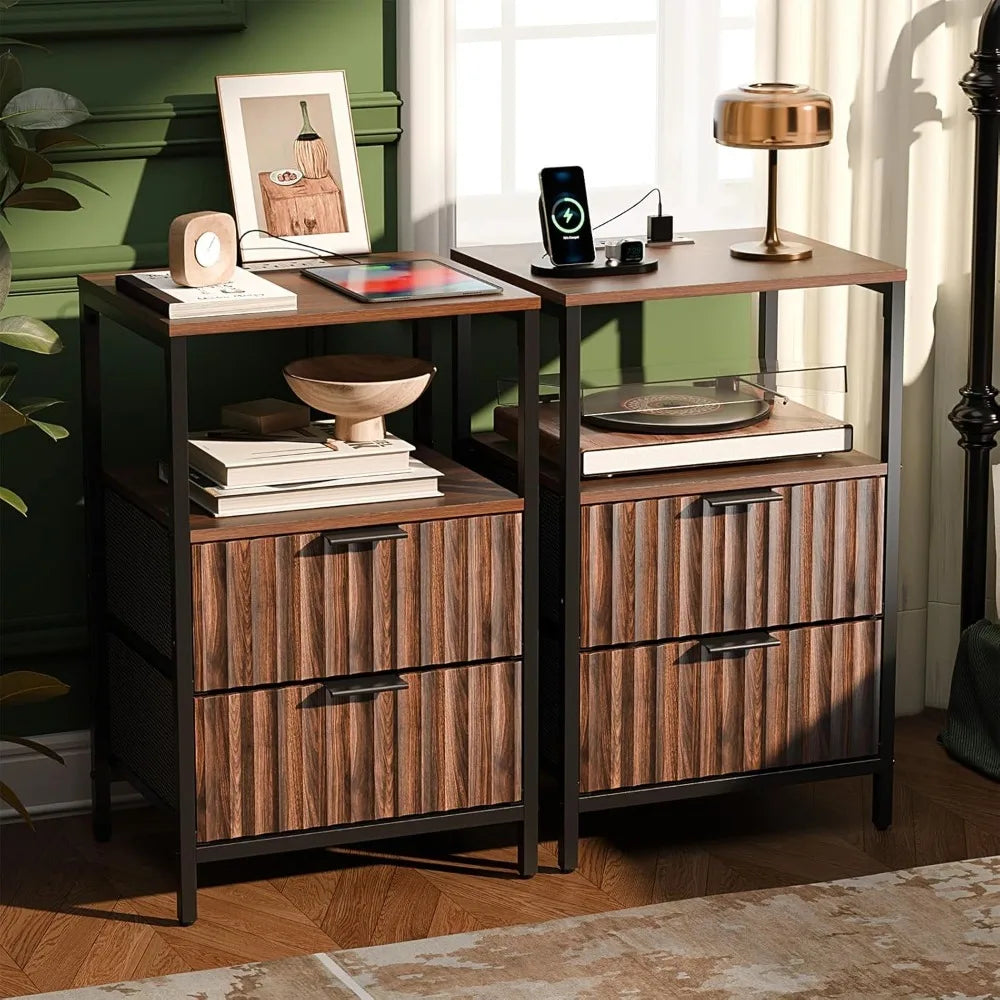 Round Edged Nightstand with Charging Station & Led Light,
