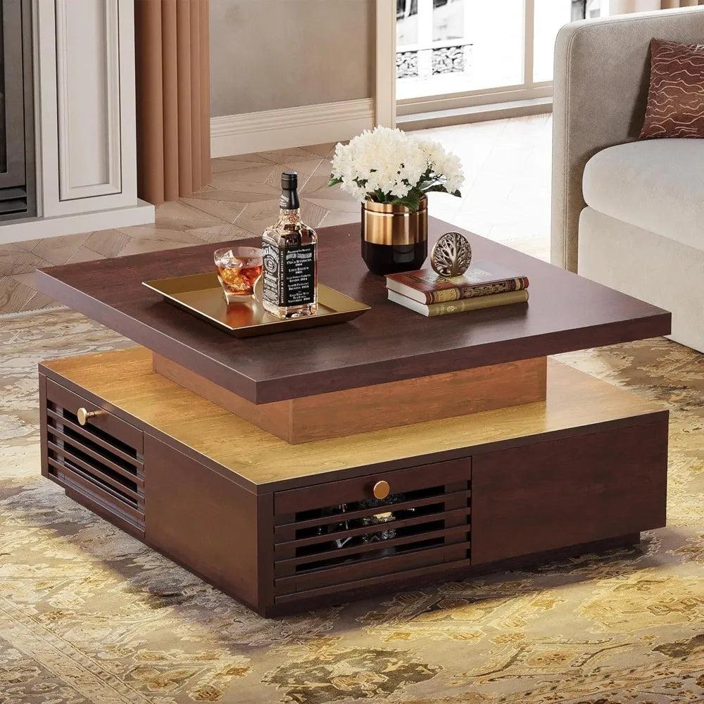 Coffee Table with LED Light and Charging Station, 4 Storage Drawers with Grille Design, Square Coffee Table