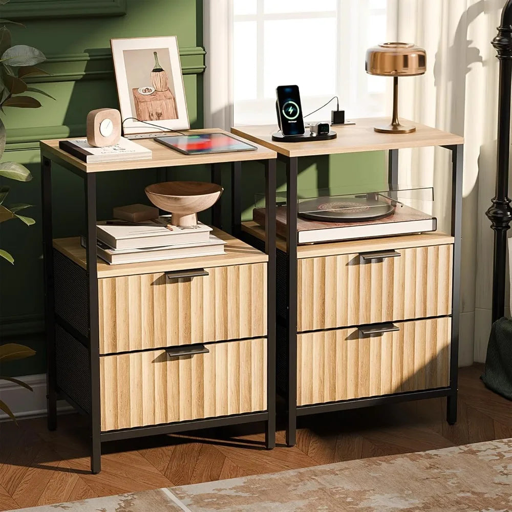 Round Edged Nightstand with Charging Station & Led Light,