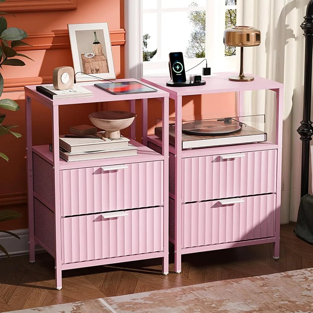 Round Edged Nightstand with Charging Station & Led Light,