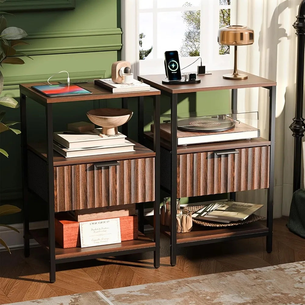 Round Edged Nightstand with Charging Station & Led Light,