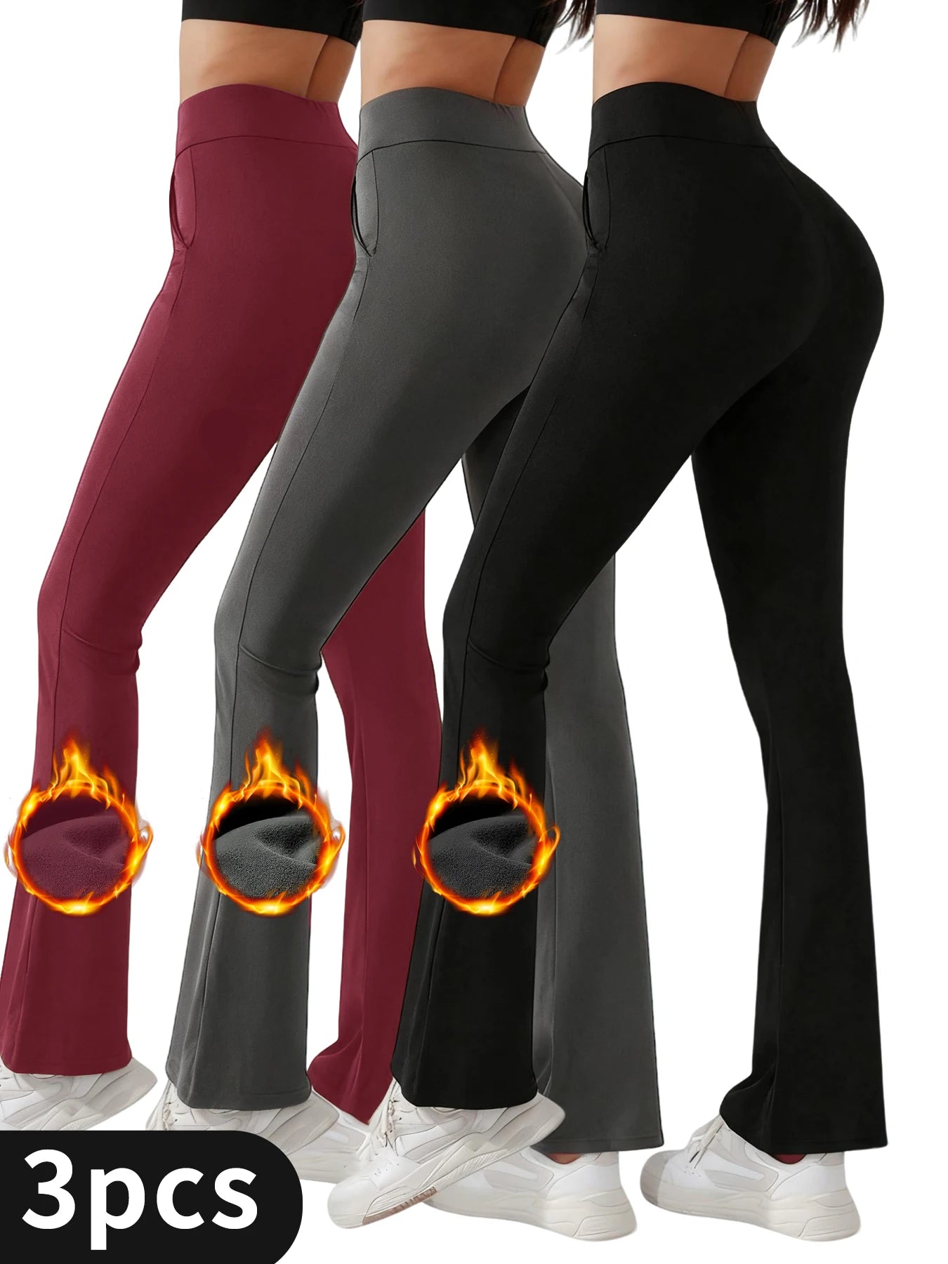 3-Pack Women's High Waist Fleece Flare Leg Pants,