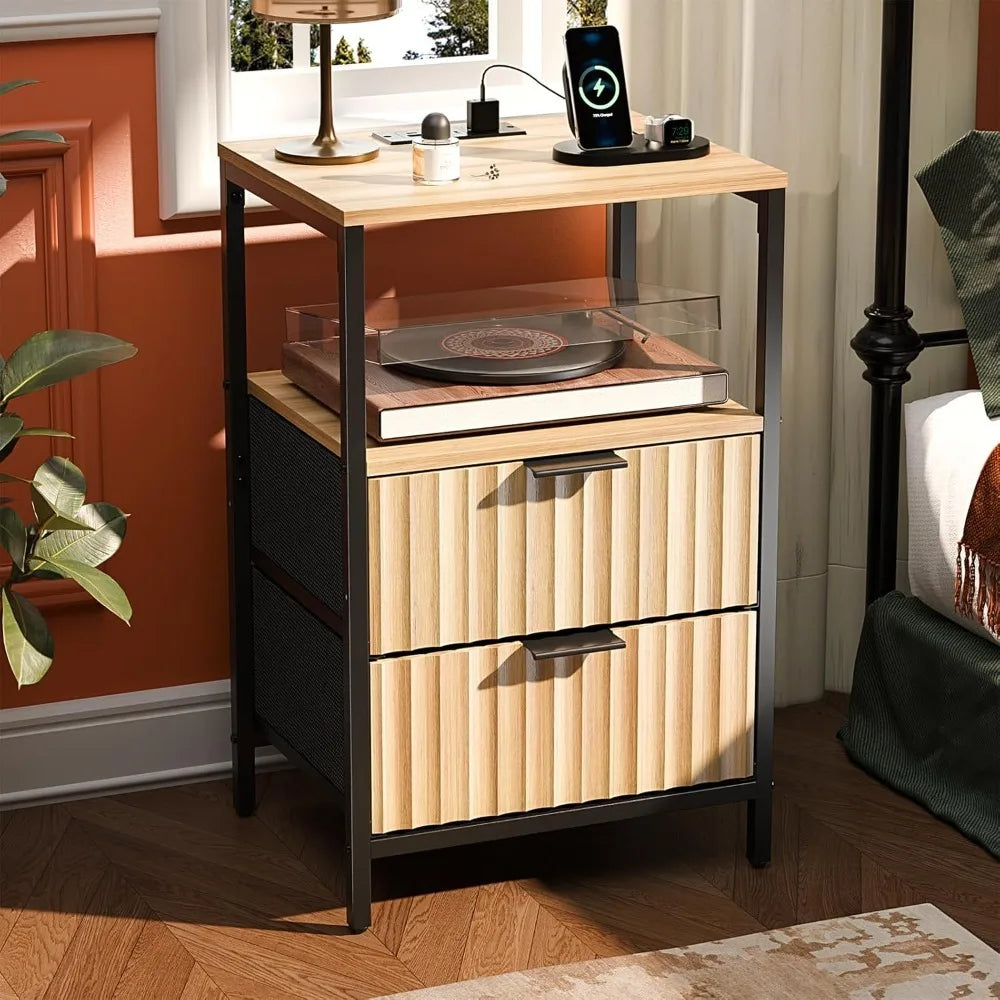 Round Edged Nightstand with Charging Station & Led Light,