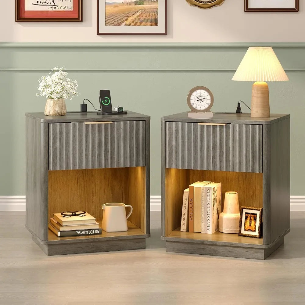 Round Edged Nightstand with Charging Station & Led Light,