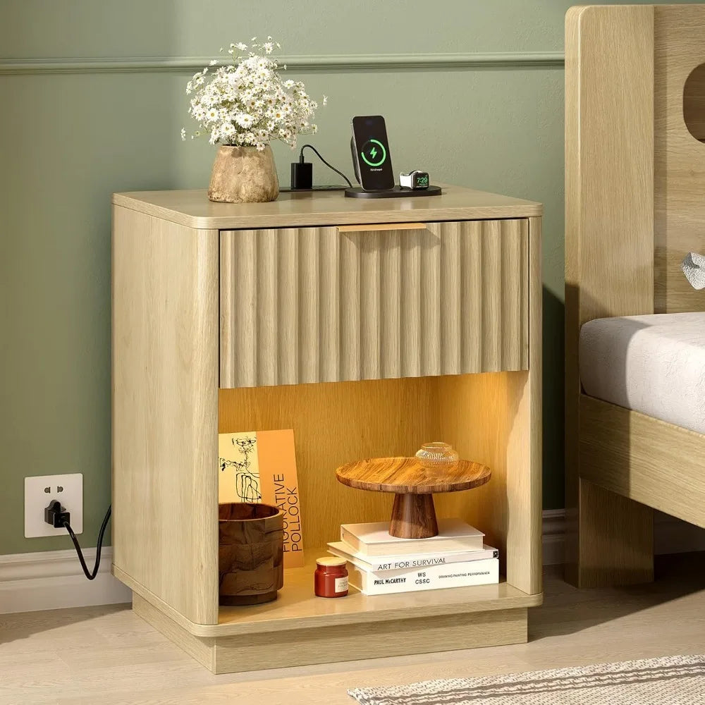 Round Edged Nightstand with Charging Station & Led Light,