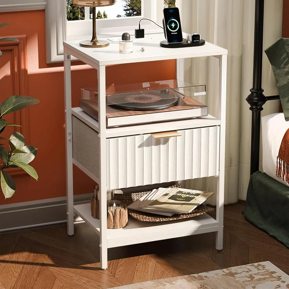 Round Edged Nightstand with Charging Station & Led Light,
