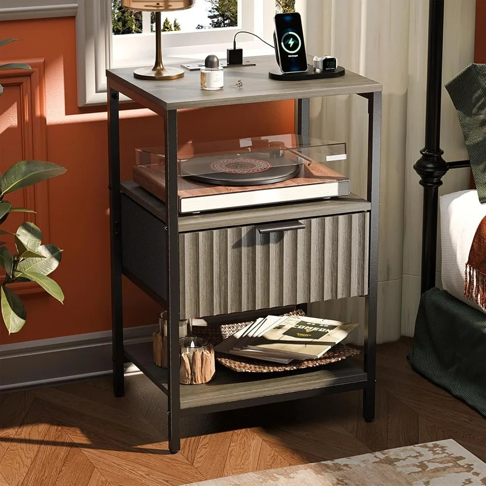 Round Edged Nightstand with Charging Station & Led Light,