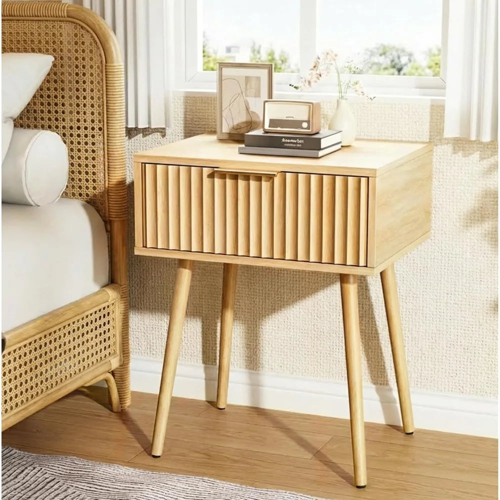 Round Edged Nightstand with Charging Station & Led Light,