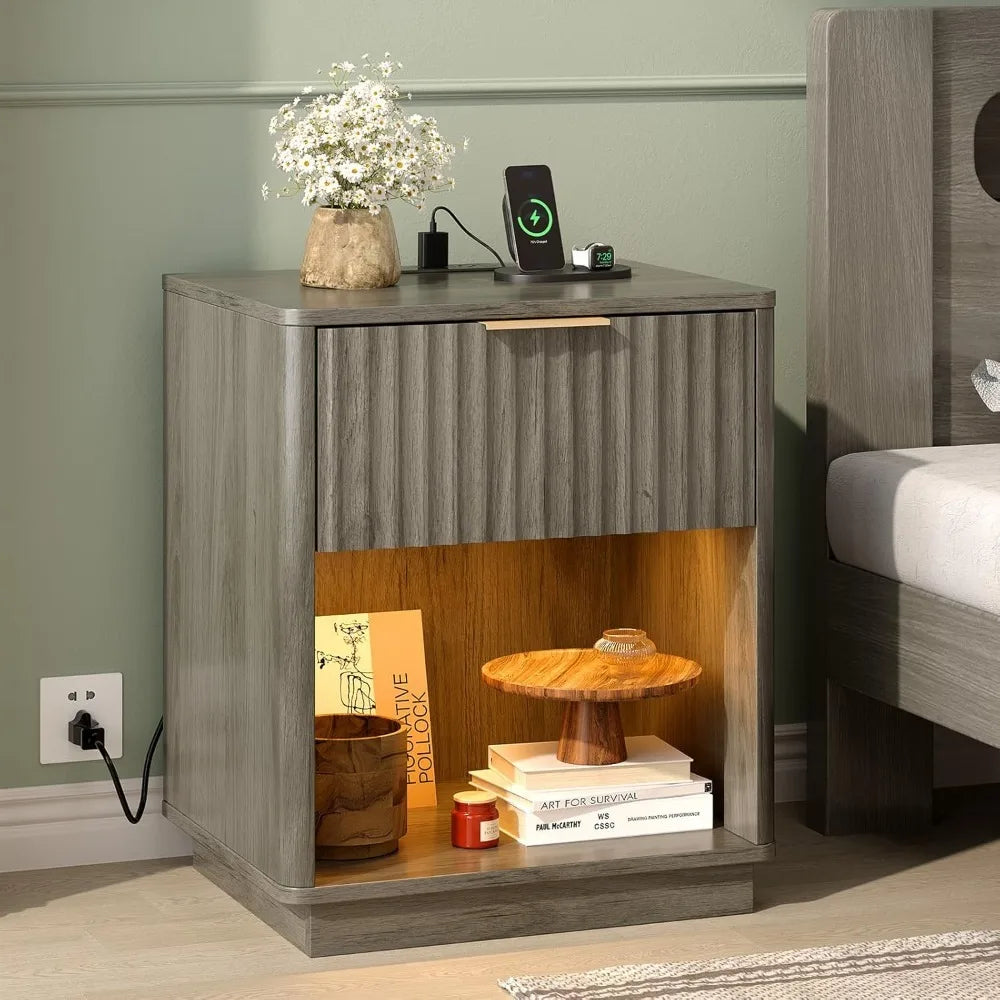 Round Edged Nightstand with Charging Station & Led Light,
