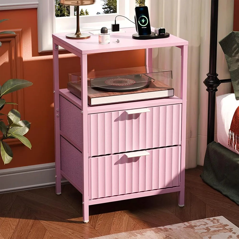 Round Edged Nightstand with Charging Station & Led Light,