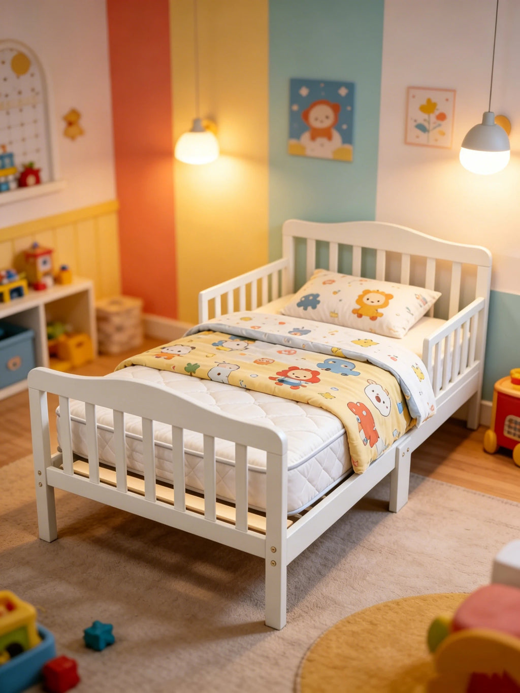Wooden Baby Toddler Bed Children Bedroom Furniture with Safety Guardrails White