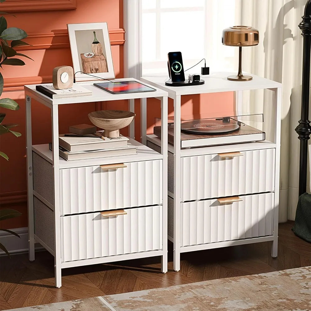 Round Edged Nightstand with Charging Station & Led Light,