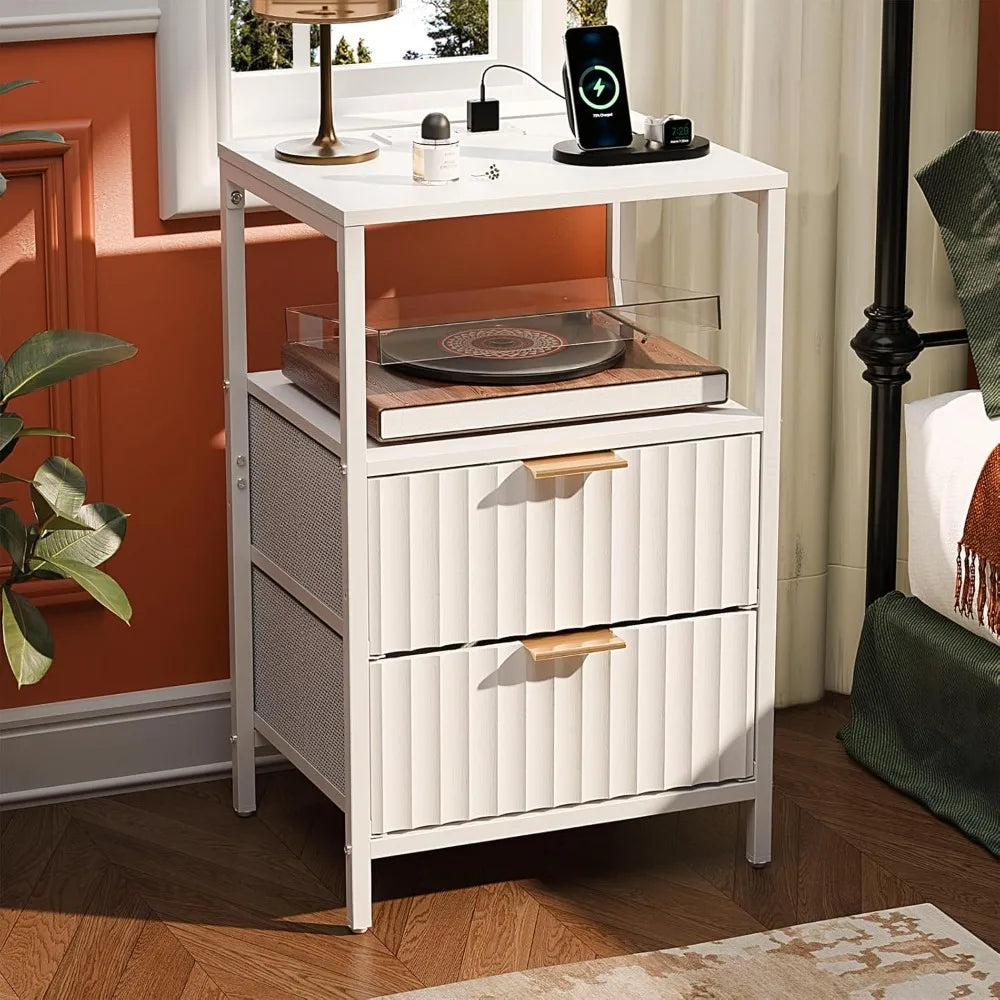 Round Edged Nightstand with Charging Station & Led Light,