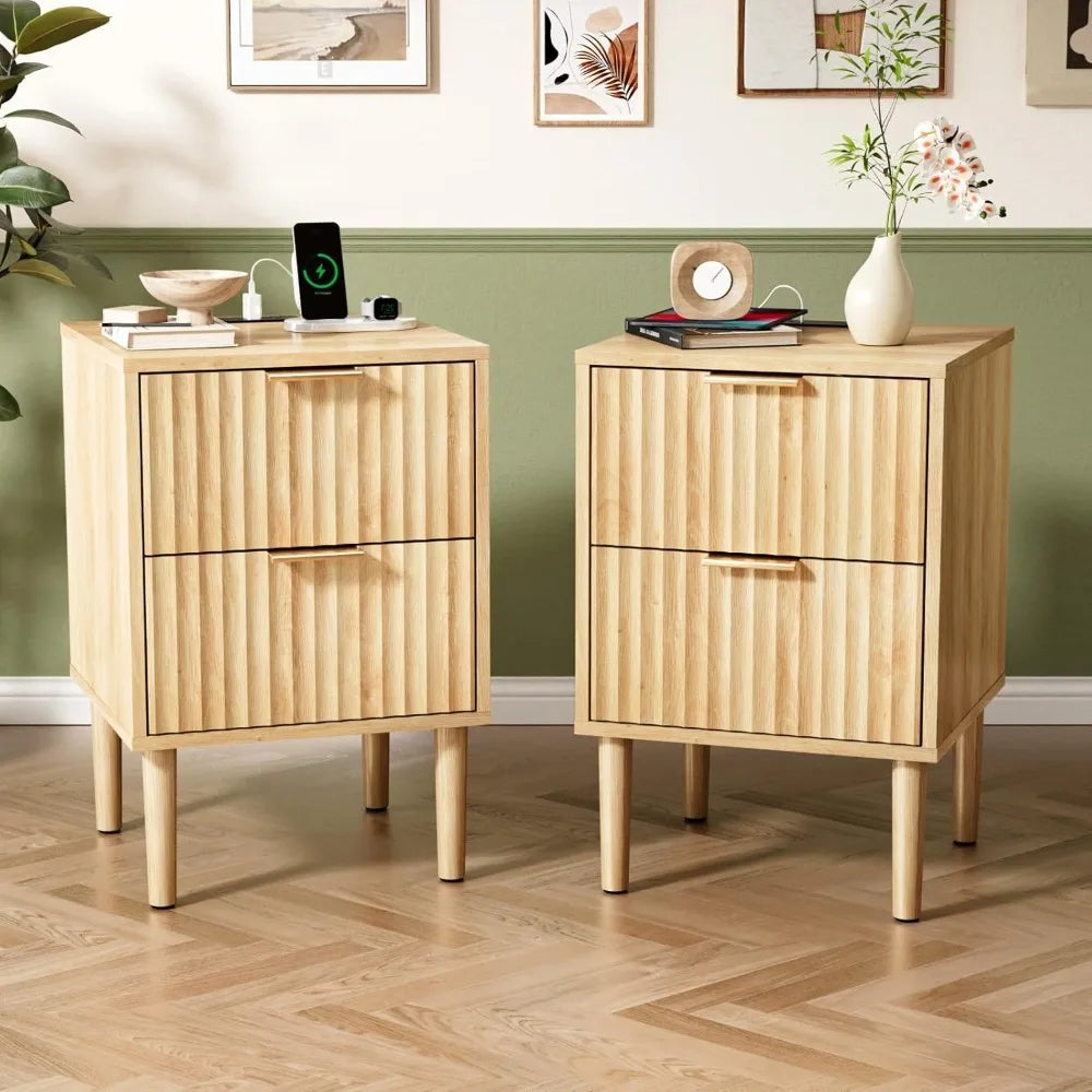 Round Edged Nightstand with Charging Station & Led Light,