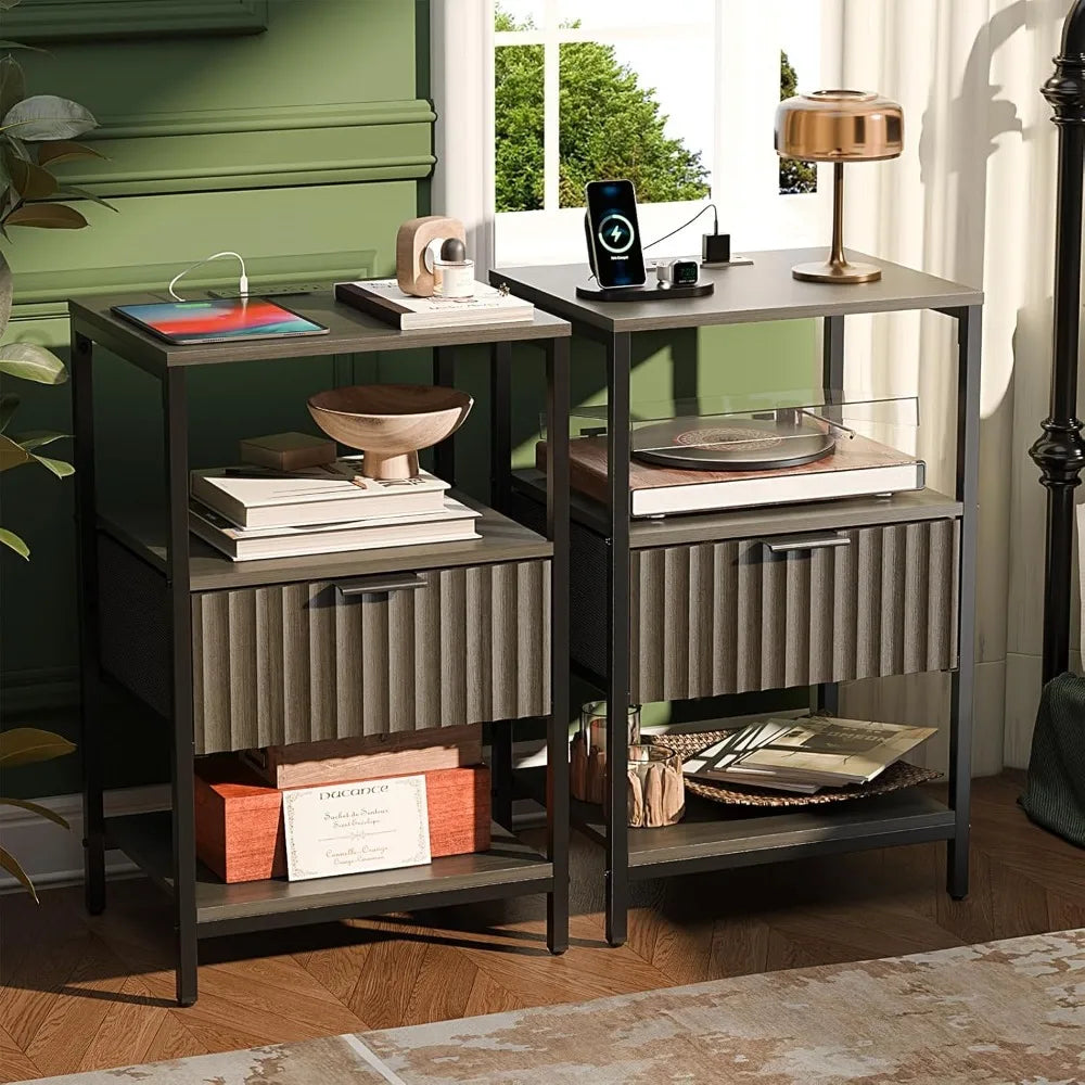 Round Edged Nightstand with Charging Station & Led Light,