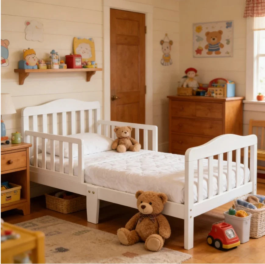 Wooden Baby Toddler Bed Children Bedroom Furniture with Safety Guardrails White