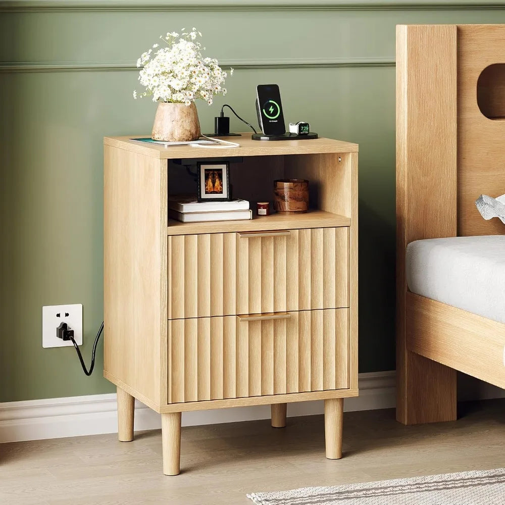 Round Edged Nightstand with Charging Station & Led Light,