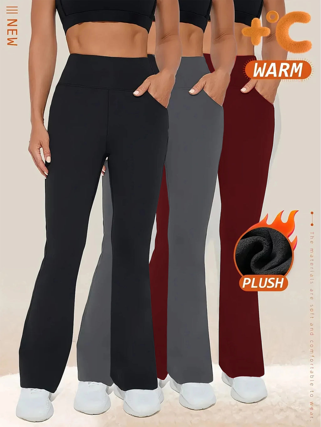 3-Pack Women's High Waist Fleece Flare Leg Pants,