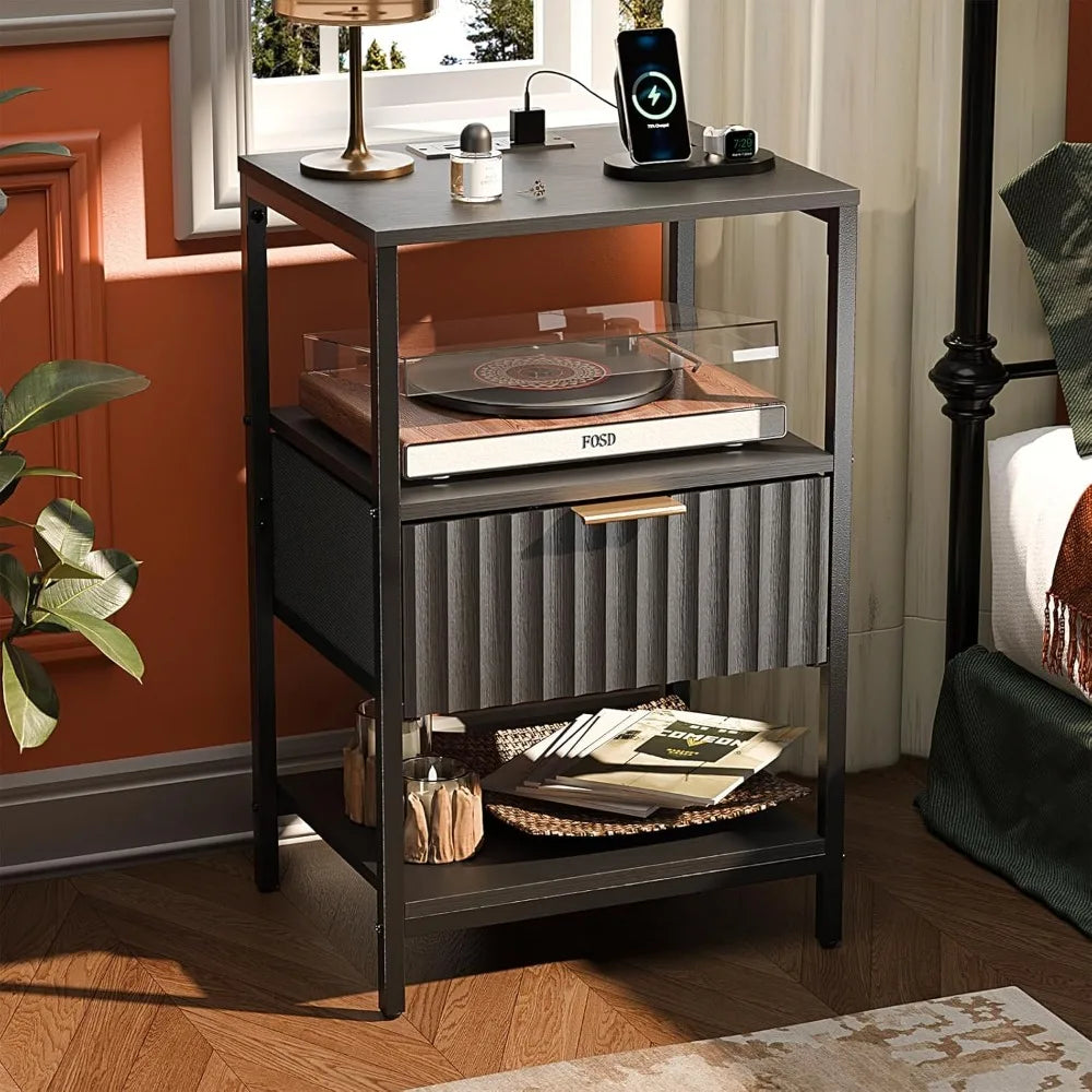 Round Edged Nightstand with Charging Station & Led Light,