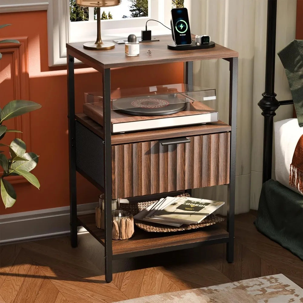 Round Edged Nightstand with Charging Station & Led Light,