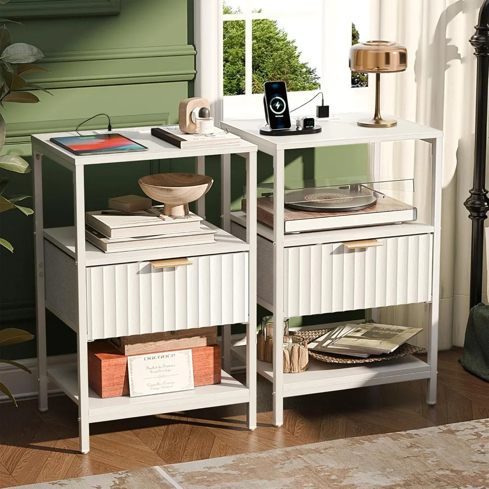 Round Edged Nightstand with Charging Station & Led Light,