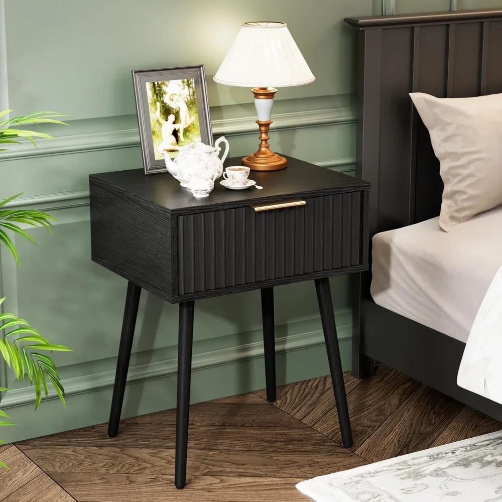 Round Edged Nightstand with Charging Station & Led Light,