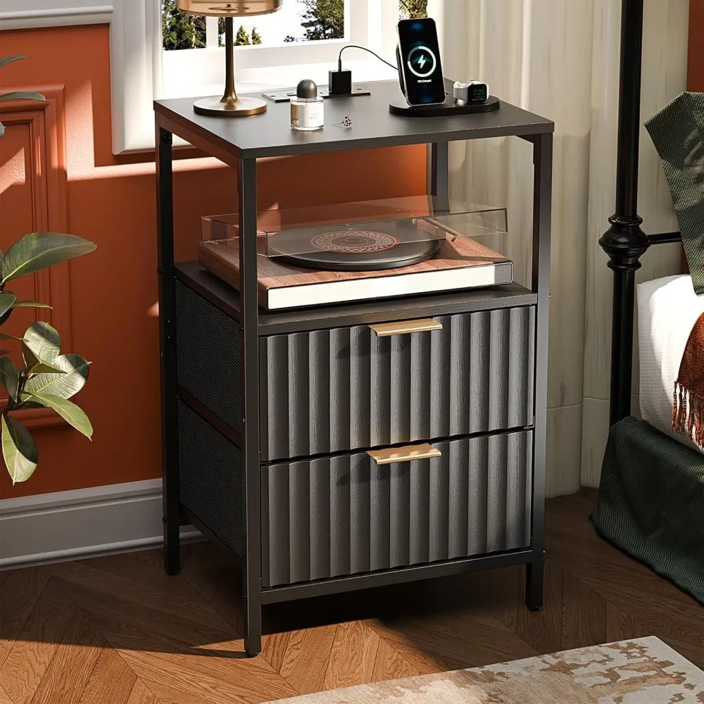 Round Edged Nightstand with Charging Station & Led Light,