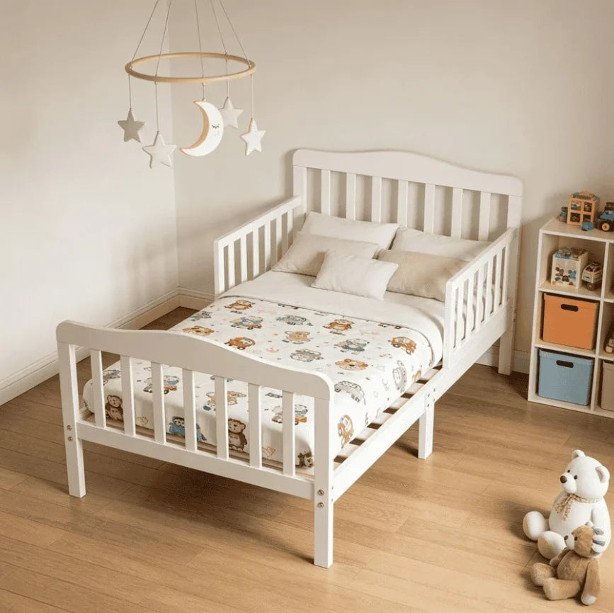 Wooden Baby Toddler Bed Children Bedroom Furniture with Safety Guardrails White
