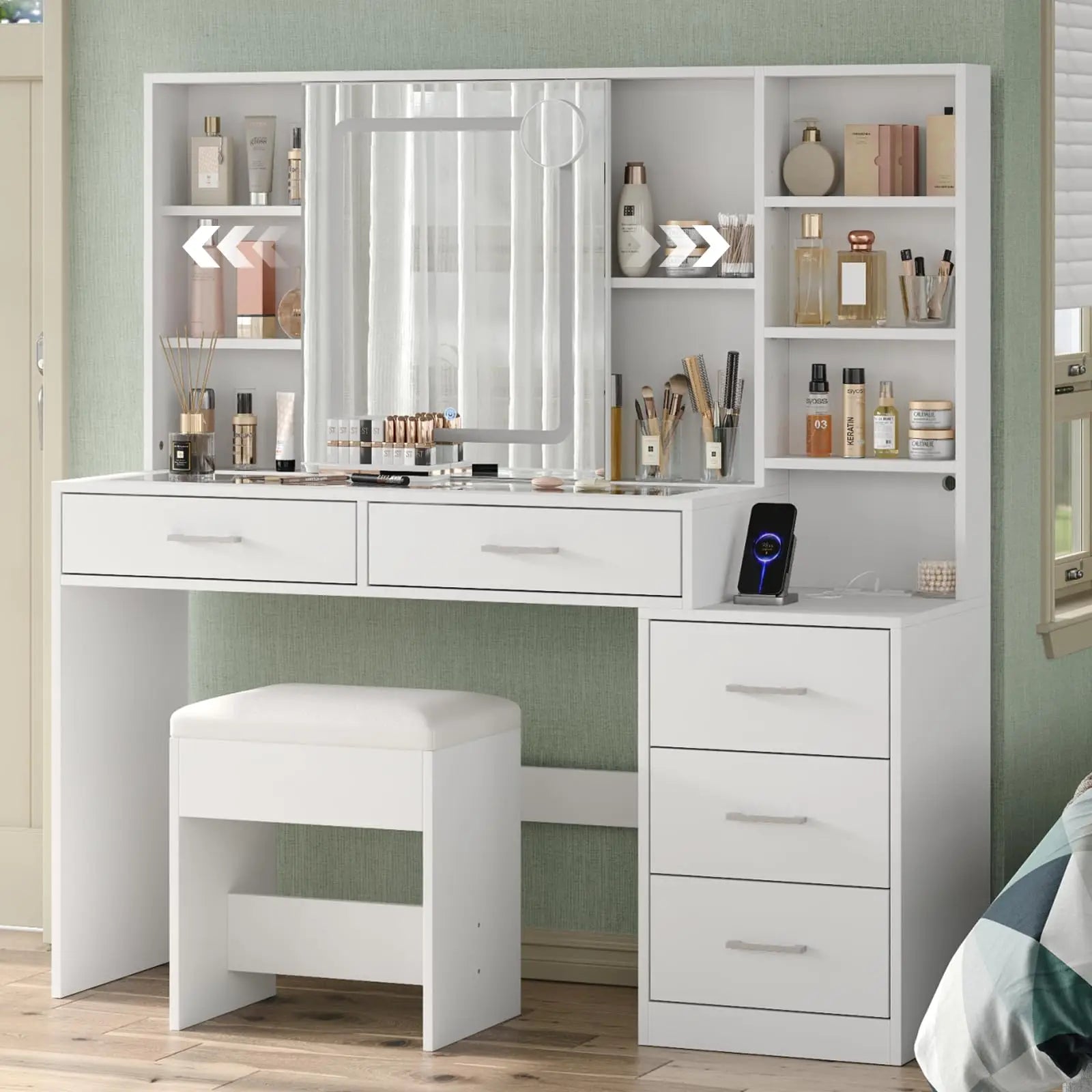 Modern Glass top Corner Vanity Desk with Buil-in Speaker