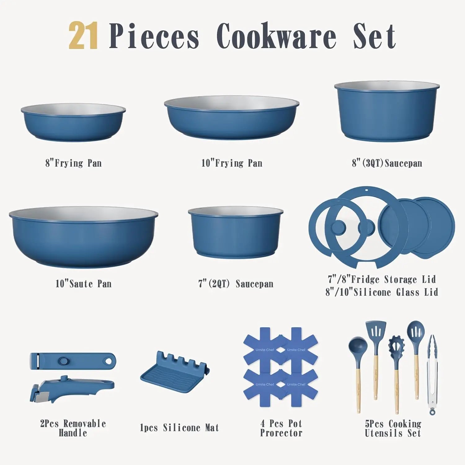 Non Stick Pots and Pans Set, 21 Pcs Ceramic Cookware with Detachable Handles