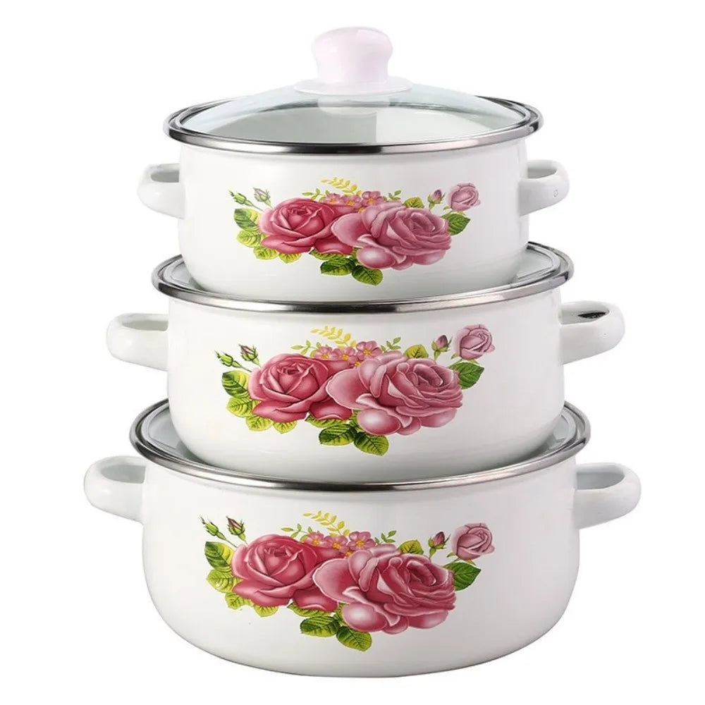 3pcs 16/18/20cm Pot Visible with Lid Kitchen Cookware Set Multi-Purpose Floral Cooking Tools Gas Induction Cooker