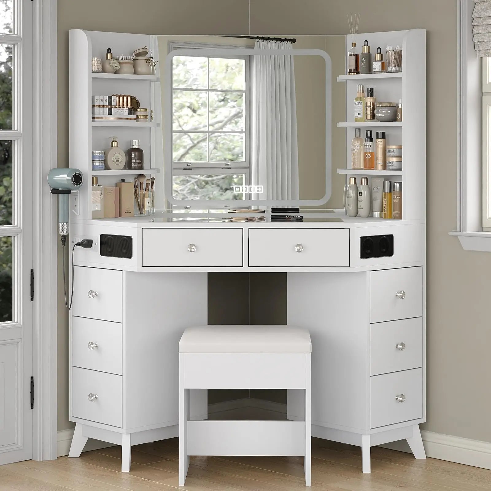 Modern Glass top Corner Vanity Desk with Buil-in Speaker