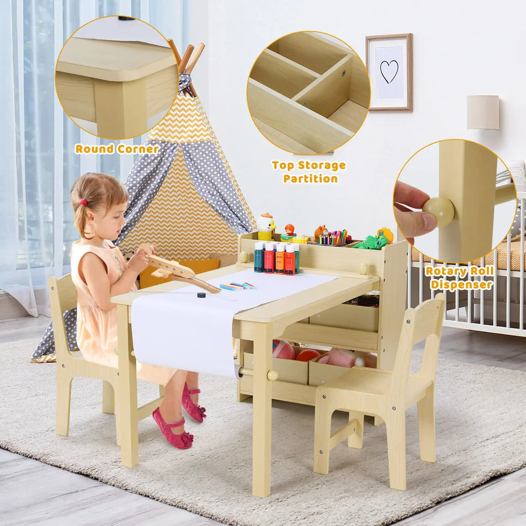 Kids Art Table with 2 wooden Chairs and Storage Shelves.