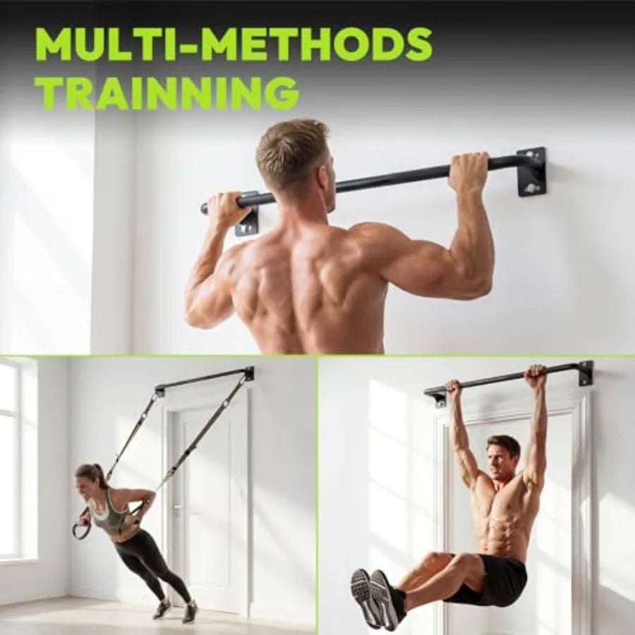 Doorway and wall-mounted pull-up bar for home gym