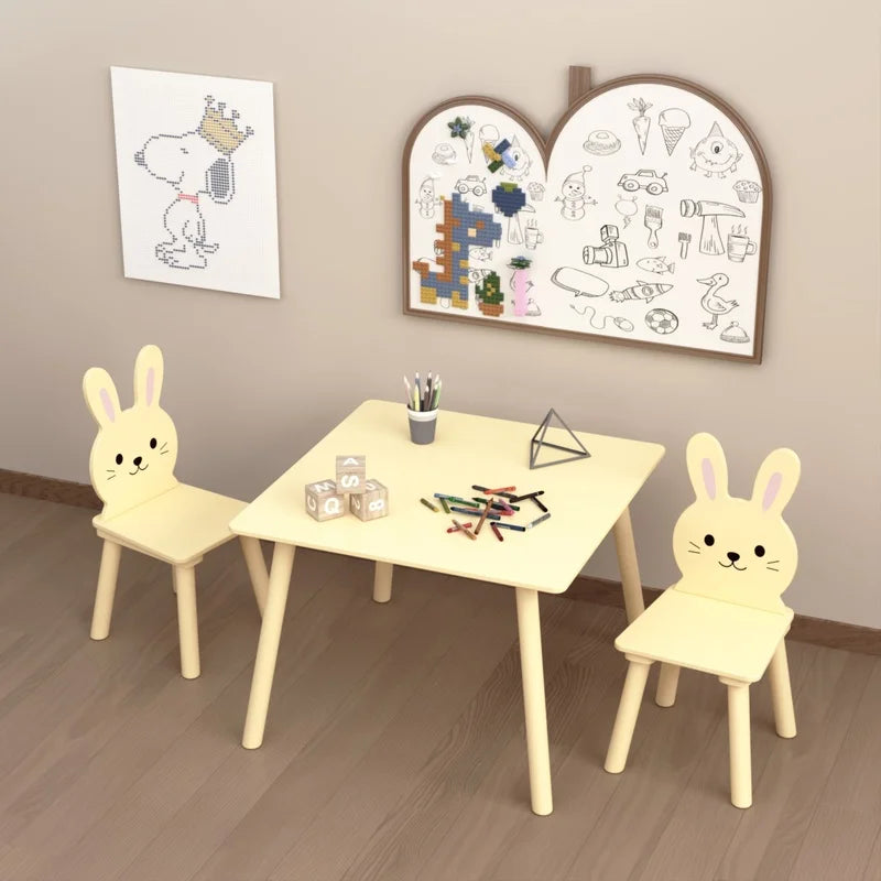 Cream Yellow Wooden Activity Table with 2 Bunny Chairs for Toddlers