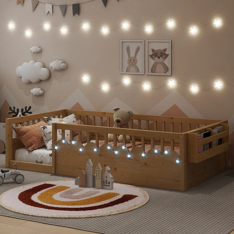 Wooden Kids Bed with Light and Storage Shelf